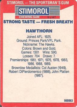 1990 AFL Scanlens Stimorol #1 Hawthorn Hawks Back